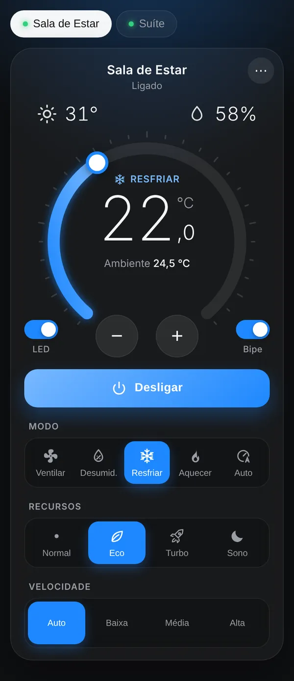 Interface WebView resfriando, com Eco, LED, bipe e modos.
