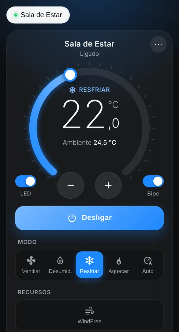 Interface WebView resfriando, com WindFree, LED, bipe e modos.